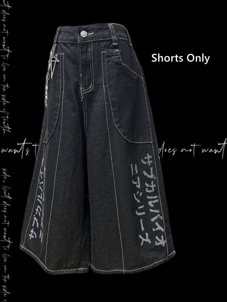 Denim Shorts Y2K Black Letter Print Wide-leg