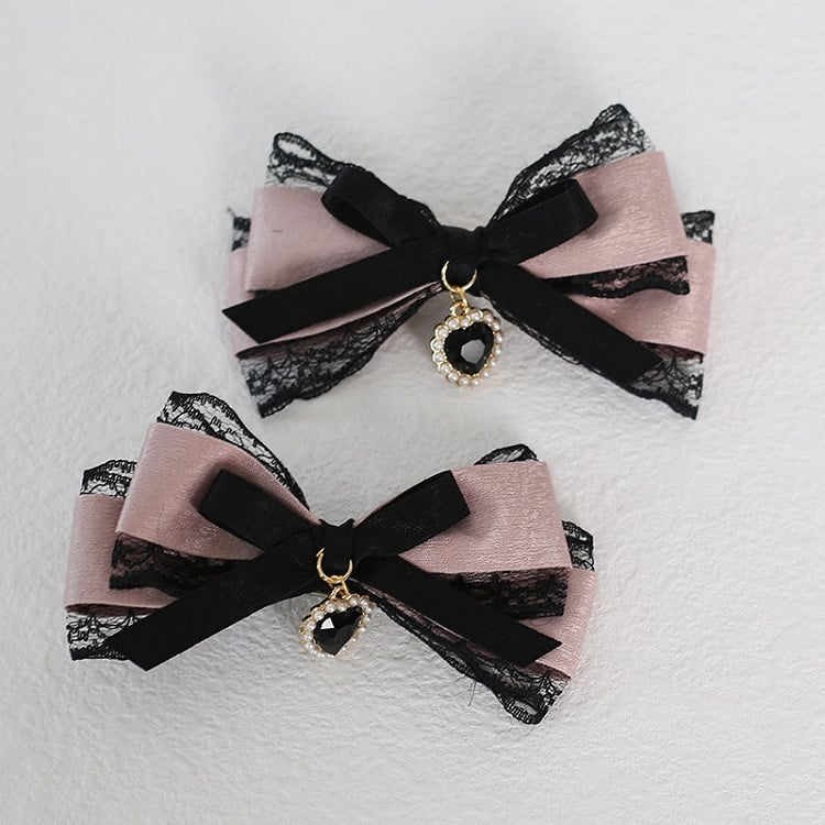 Schwarze Haarspangen Spitze Jirai Bowknot mit Kei Herz rosa Charme