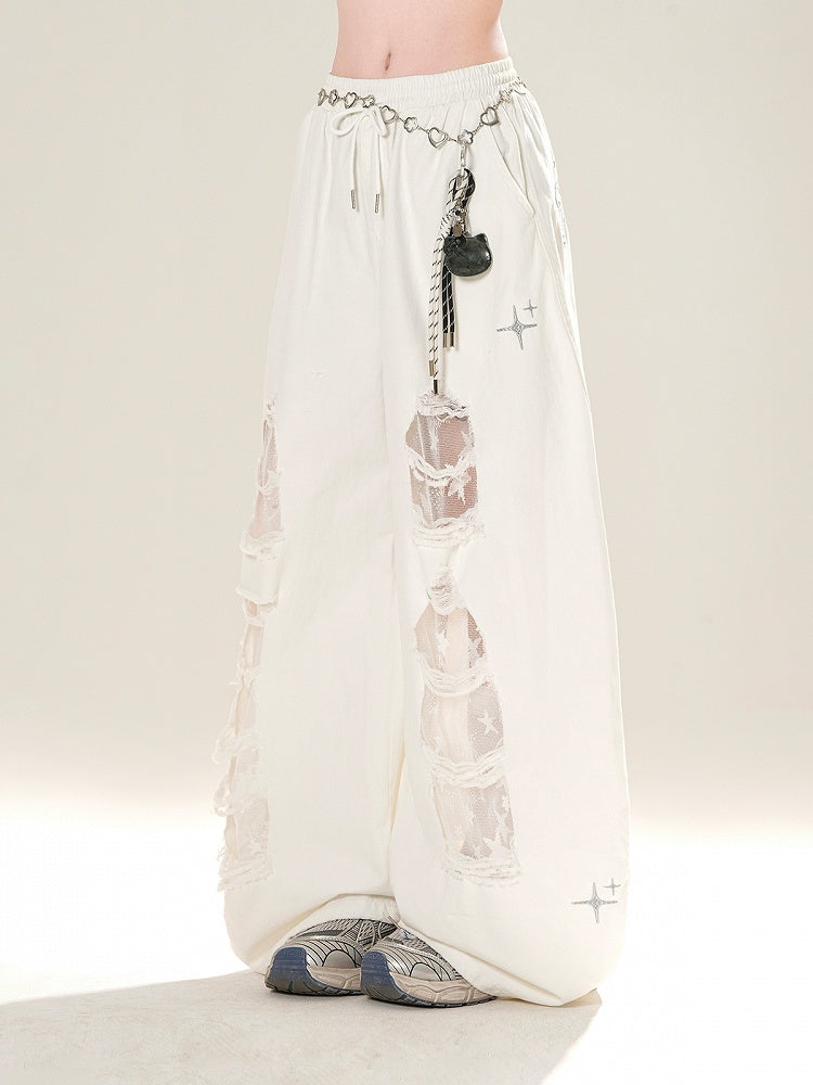 White Drawstring Waist Distressed Holes Wide-Leg Jeans