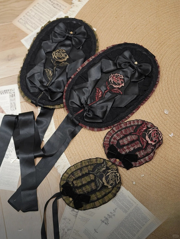 Accents with Lolita Bow Green/Red Embroidered Bonnet Black Rose