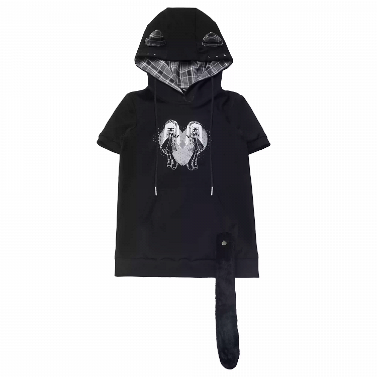 Hood Graphic Black Kitty Ears Design T-Shirt
