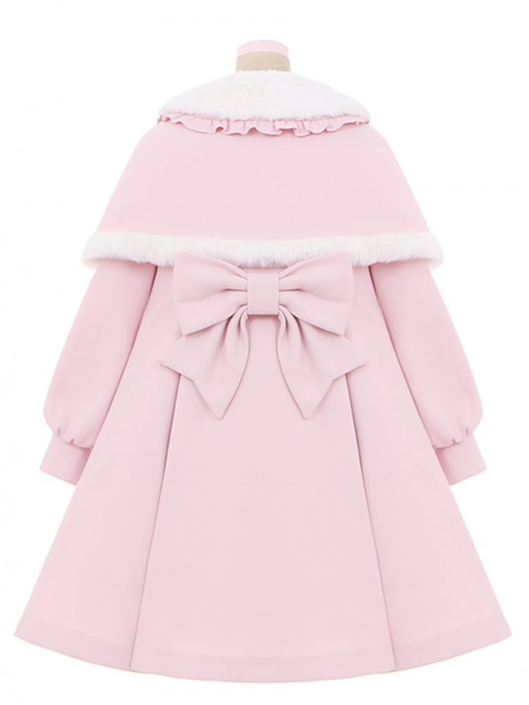 Pink Plush Collar Bow Accents Long Coat