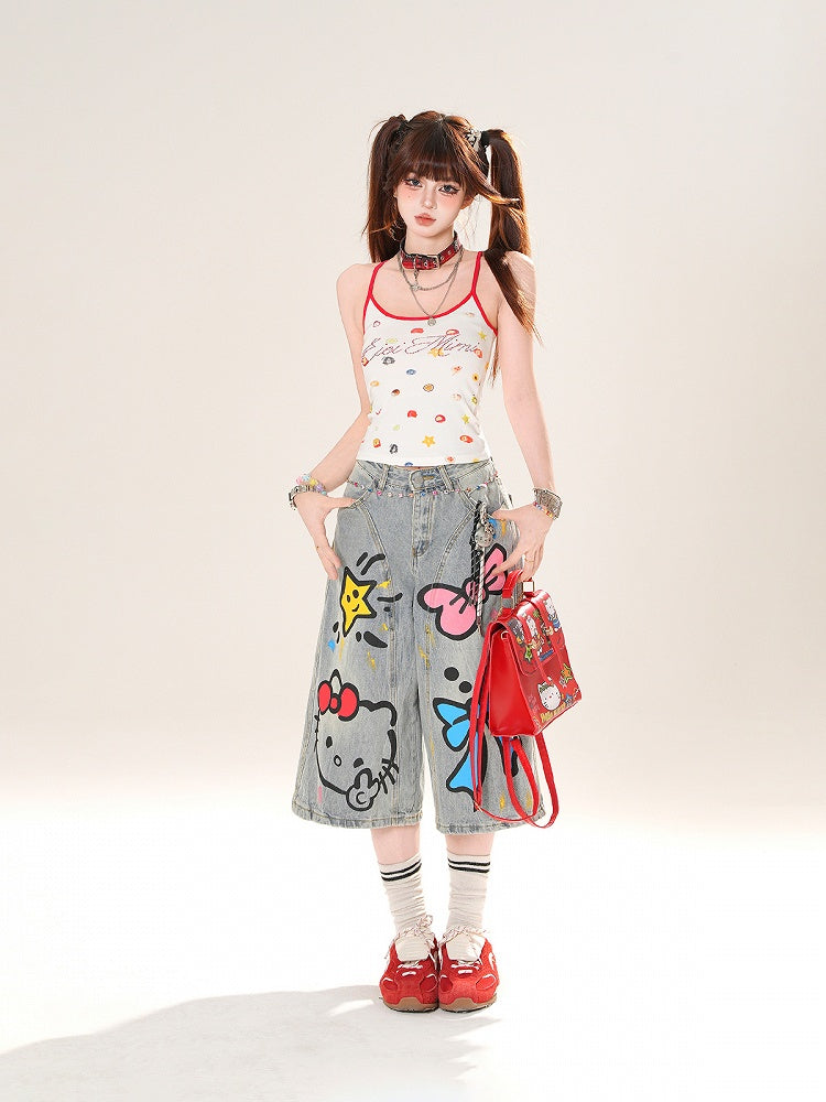 White Cute Slim-fitting Print Cami Top Contrast Red Trim