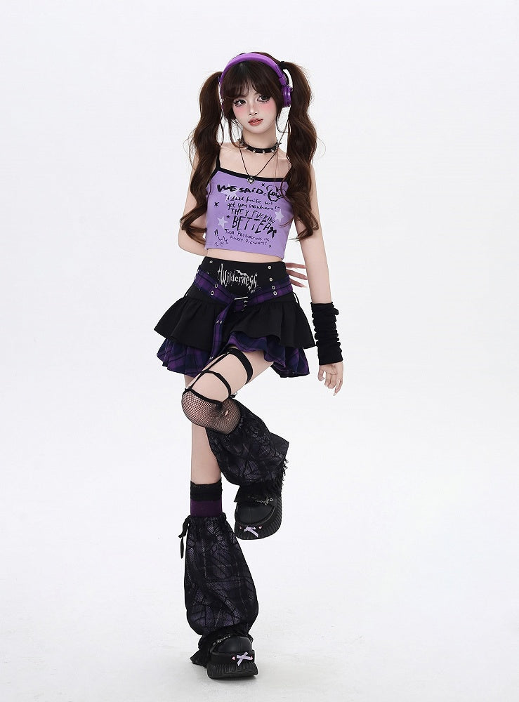 Garter Purple Plaid Buckle Y2K Lined Tiered Skirt with Cross and Design Black Belt