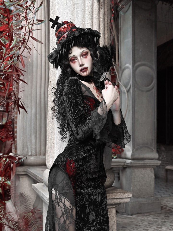 Wings Romantic Velvet and Shaped Lace Neckline Bat Vampire Dress Goth Mermaid