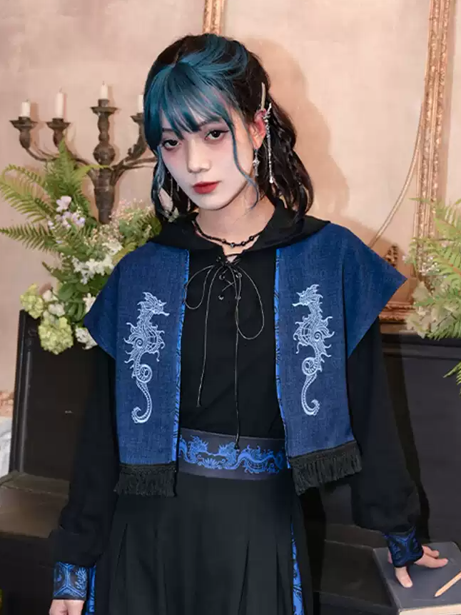 Seahorse Blue Style Cheongsam Tassel Open Hem Embroidery Top Placket