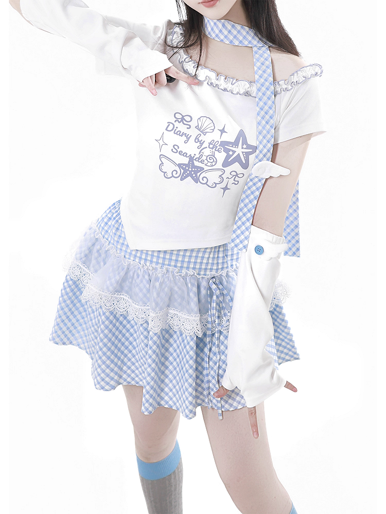 Blau mit Schal, kariertes Rosa/Baby-T-Shirt mit Seestern- und Muschel-Print und Rüschen am asymmetrischen Ausschnitt