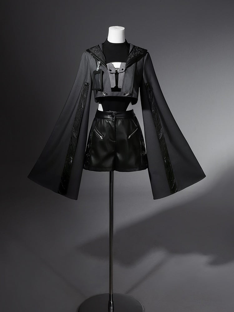 Sleeves XL Overlong Ouji Bodysuit Size Leather Exclusive + Futuristic Shorts Outfit Techwear Black Jacket Cropped Lolita -