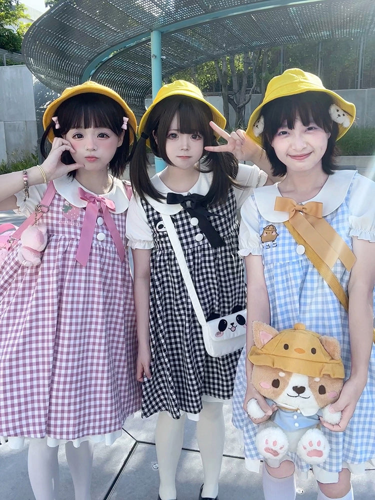 Pink Strawberry Peter Pan Collar Plaid Short Puff Sleeves Dress