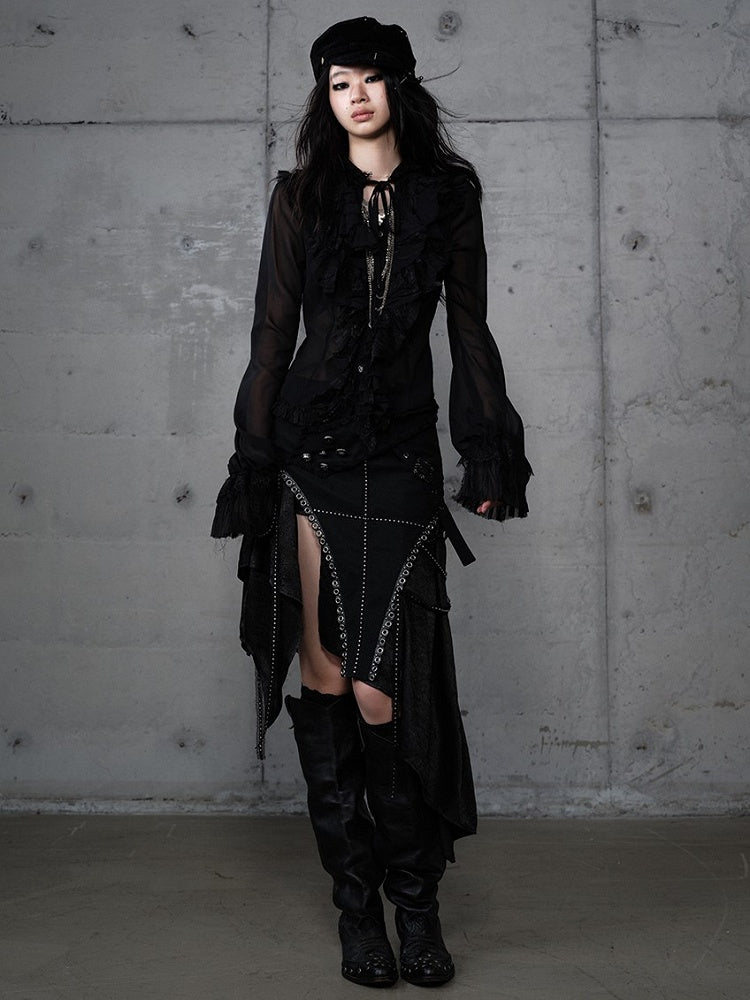 Rock mit Verzierungen PU Taschentuch Saum Punk Gothic Metal Schwarz