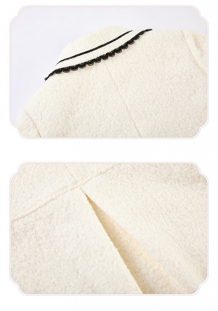 Black Heart-shaped White Embroidery Detail Woolen Pockets with Coat