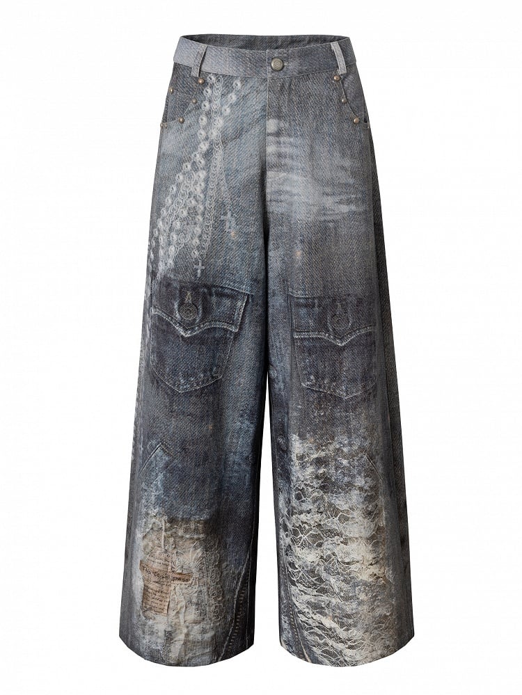 Print Lace Jeans Cut Wide-leg Blue Chain Punk Wasteland Details