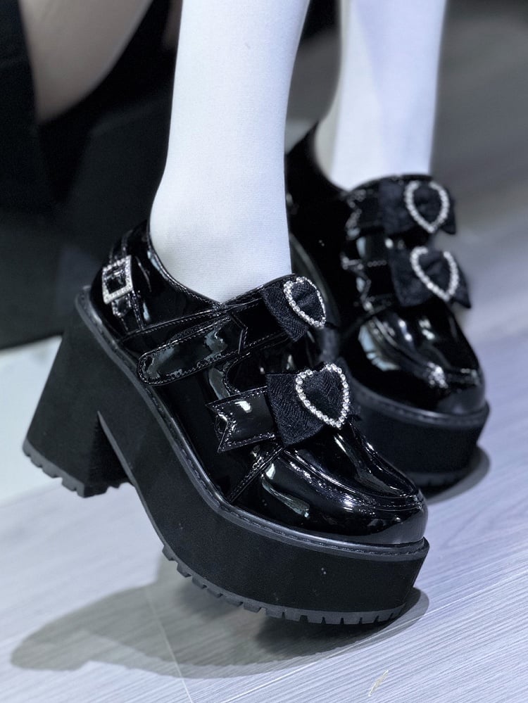 Polished Black Jirai Kei Rhinestone Heart Bowknots Velcro Strap Closures Landmine Style Platform Shoes