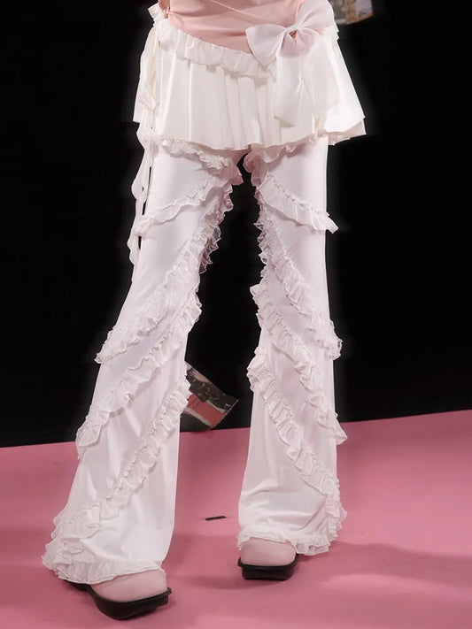 Lace Ruffles Pants White Balletcore Skirt Self-tie Set +
