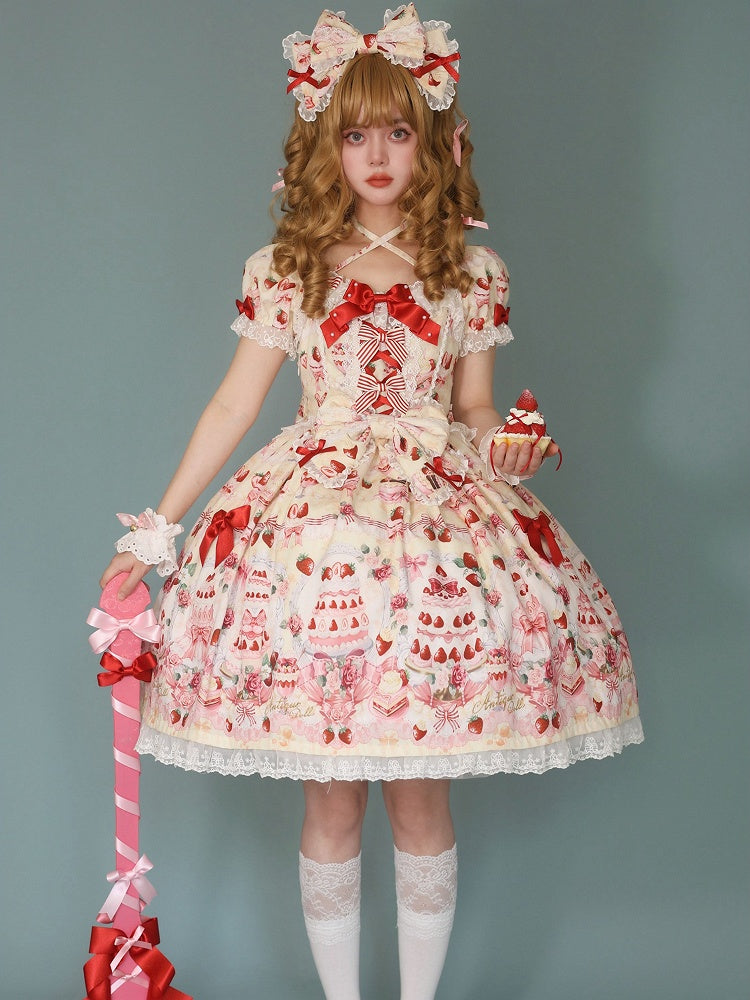 Dress Cake Strawberry / Bow Full Sweet Print Accents Yellow Set Lolita