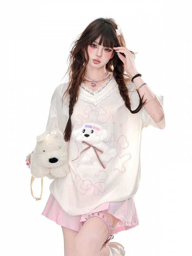 Loose Yume Adorable Puppy Pattern Weiß/Blau T-Shirt Kawaii