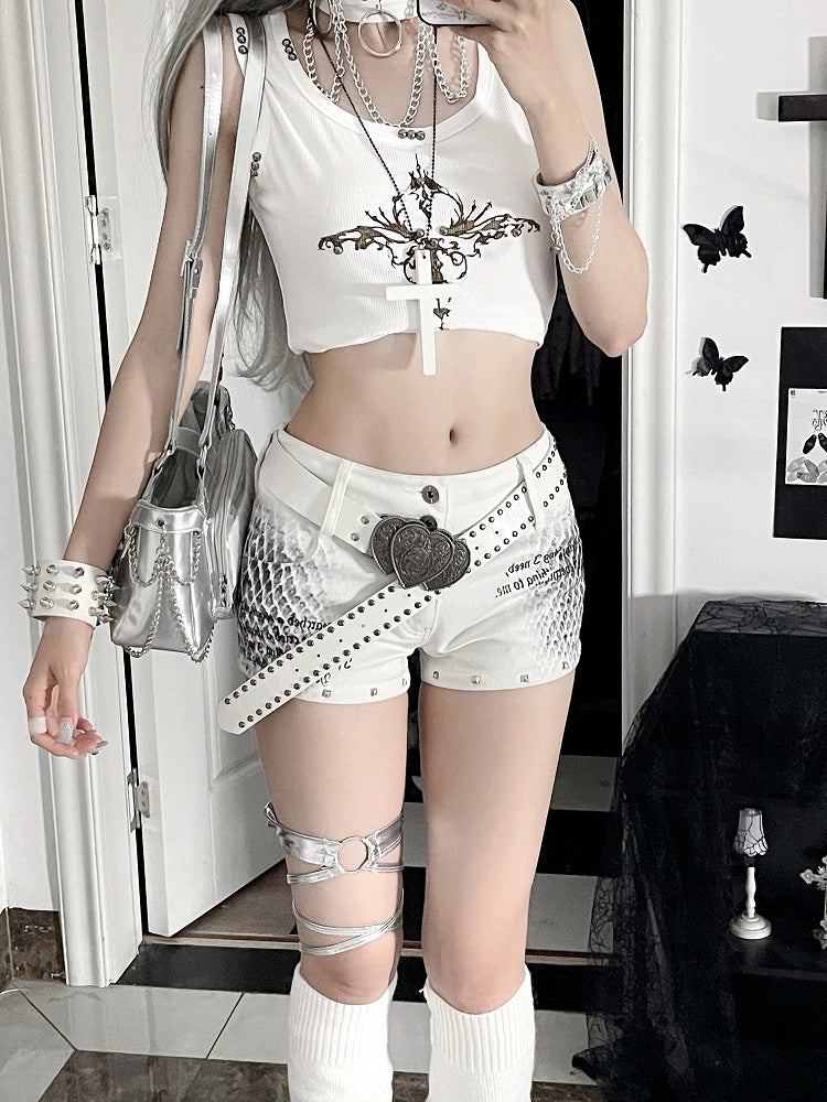 White Low-Rise Snakeskin Print Mini Shorts