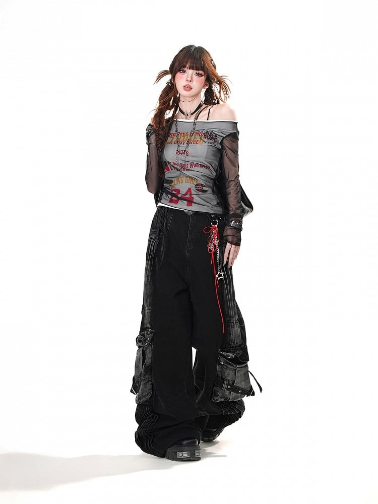 Black Faded Wash Cargo Pockets Loose Wide-Leg Jeans