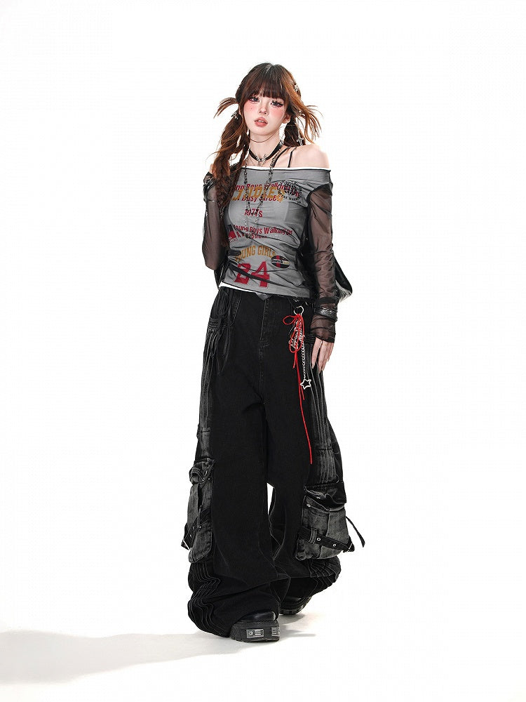 Pockets Black Wide-Leg Jeans Faded Wash Cargo Loose Acubi Fashion