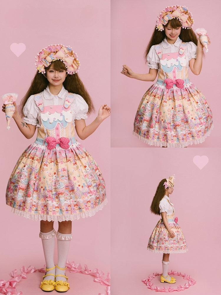 Desserts Gummy Sweet Dress Print and Overall Bear Yellow Lolita