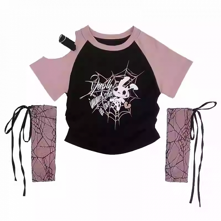Free Red/Pink/Purple with T-Shirt Print Sleeves Y2K Cutout Shoulder Spiderweb