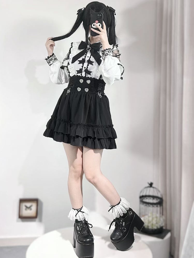 White Trim Jirai Rhinestone Details Kei Bowknot And Blouse Decorated Beaded Ruffles