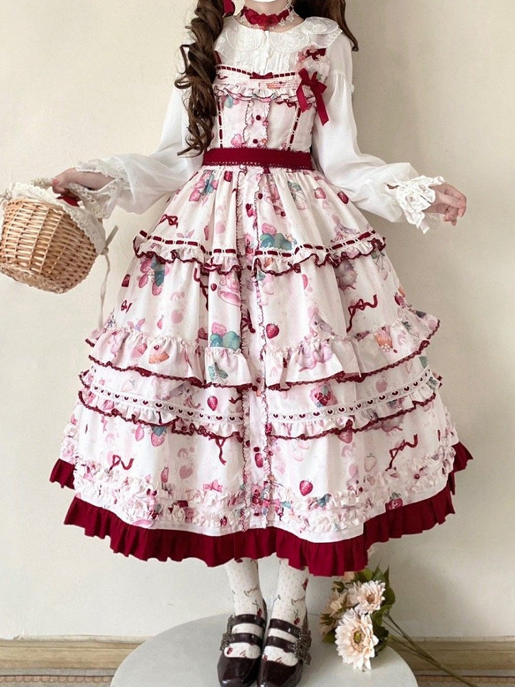 Kitty and Strawberry Print Spring and Summer Cottagecore Lolita Dress