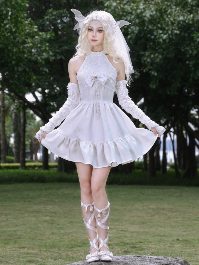 Weißes Blumenmieder Neckholder-Feenkleid