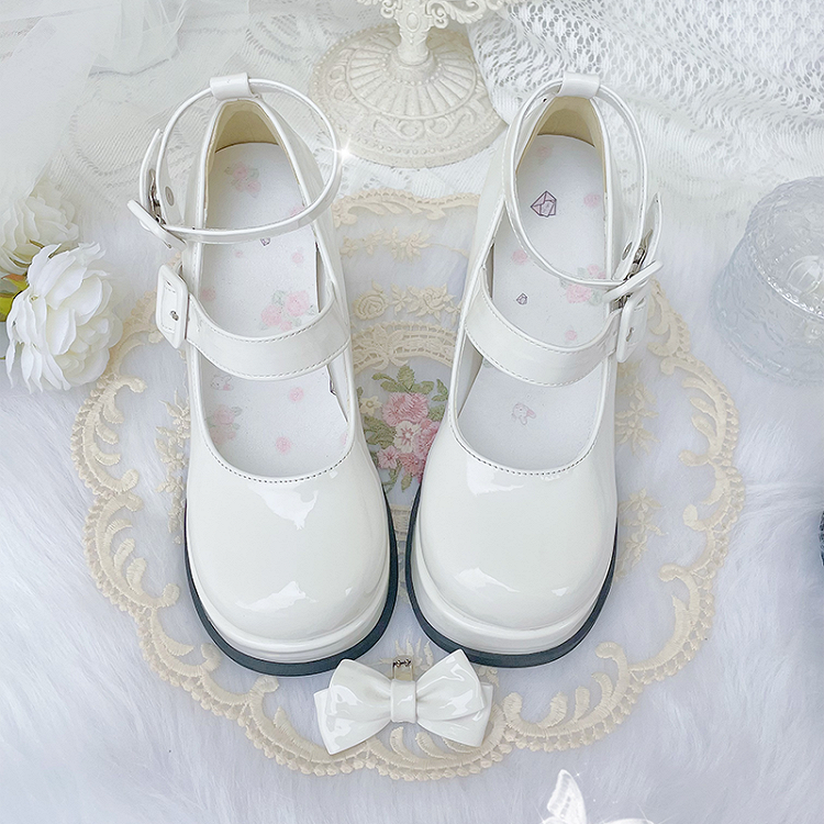 Weiße Lolita-Schuhe mit abnehmbarer Schleife und Plateausohle und hohem Blockabsatz