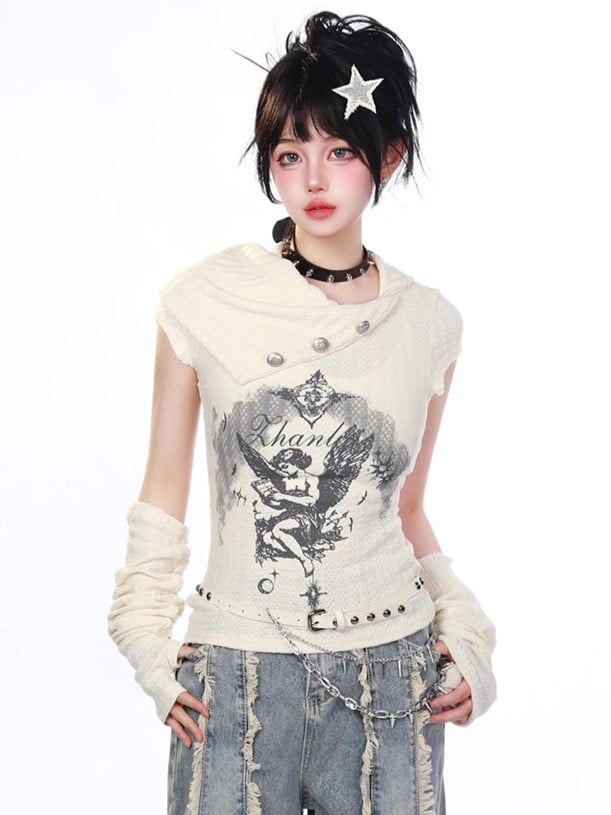 Collar Daily Knit T-shirt with Angel Print Asymmetrical Kawaii Beige