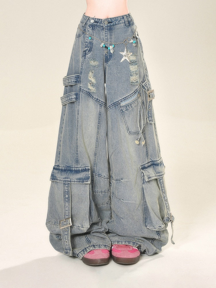 Wide-Leg Jeans Cargo Pockets Blue Distressed Holes Buckle Straps