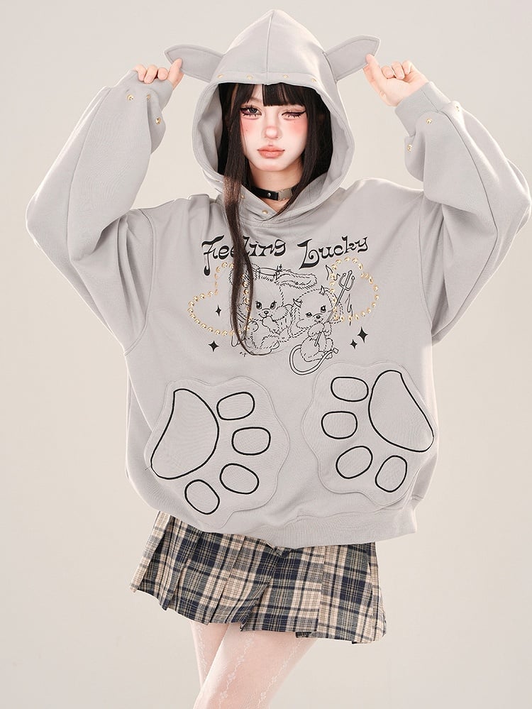 Weiß/grauer Hoodie mit Nieten und Devil Bunnies-Print