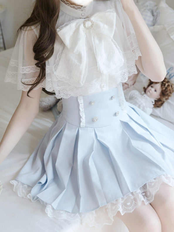 Jirai Kei Set Box Pleat Skirt+ Cape Top+ Blue Trim Bow Tie White Lace