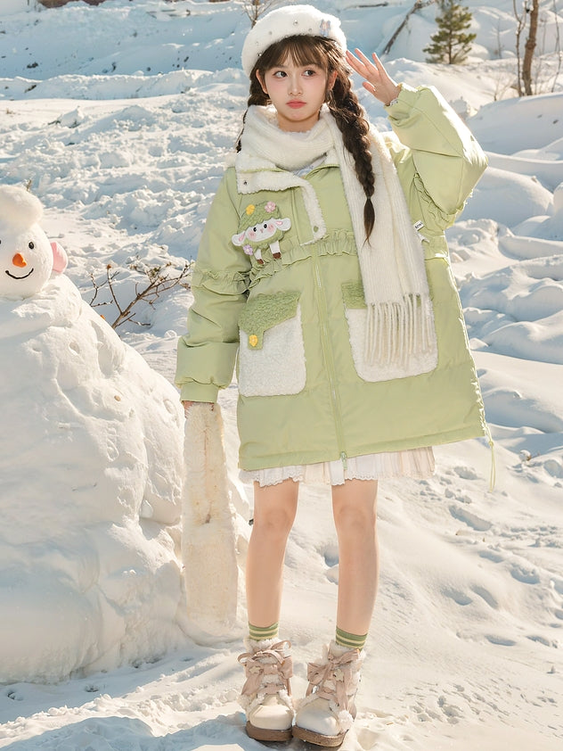 Green Cute Lamb Adorned Hooded Down Coat Ruffle Trim