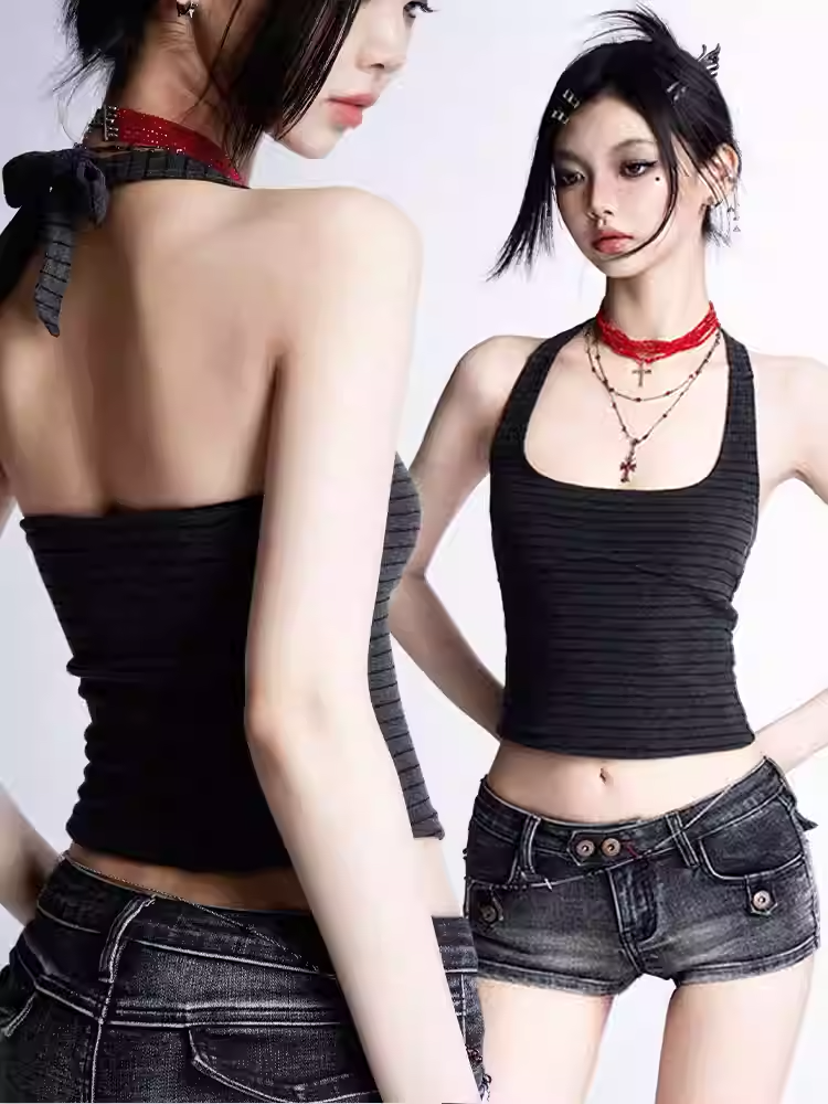 Strapless/Sleeveless Top and Gray Stripes Glamorous Cropped Black