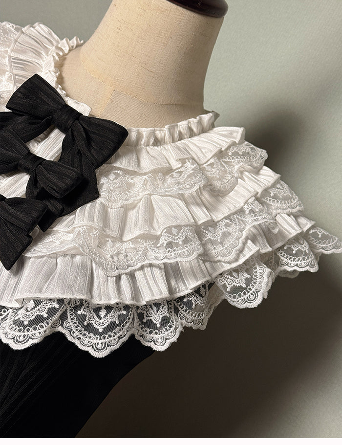 Black Neck Dress White Lolita Ruffle Fit Hem Striped Waist Layered with Sleeveless Fabric Slim and
