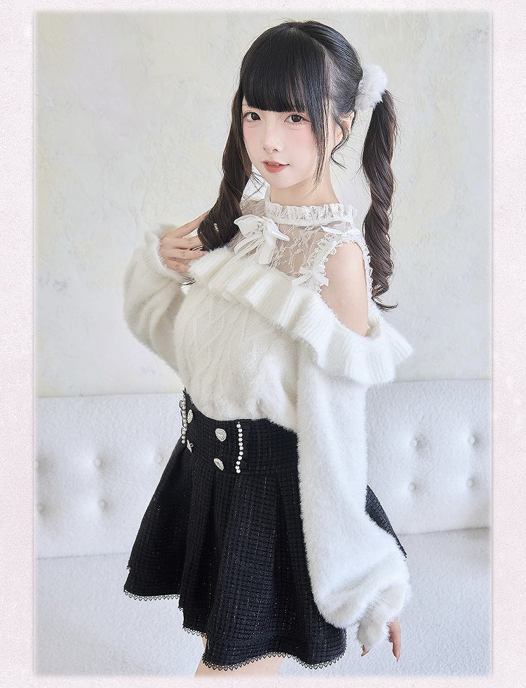 Ruffle Trim White Jirai Kai Contrast Lace Patches Sweater Cutout Shoulder Bowknots