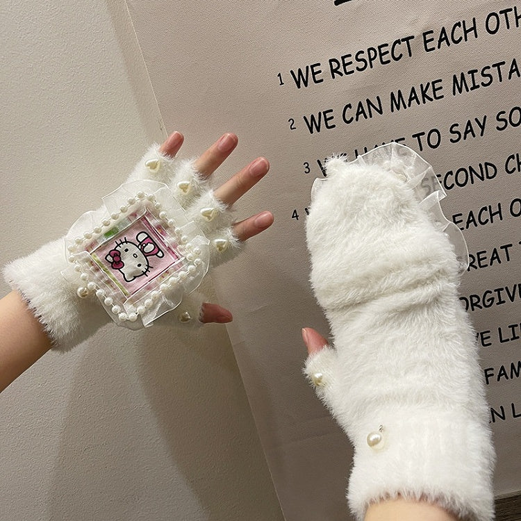 Black/White Cute Kitty Print Heart Beads Lace Details Plush Gloves