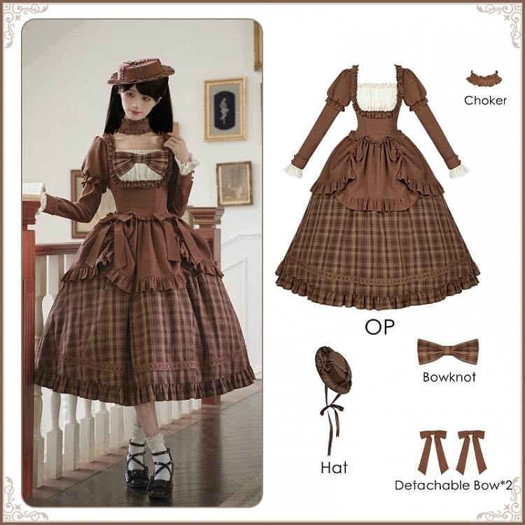 + Set Long - Autumn Lollita Detachable Choker Elegant OP Hat Bows Coffee Version