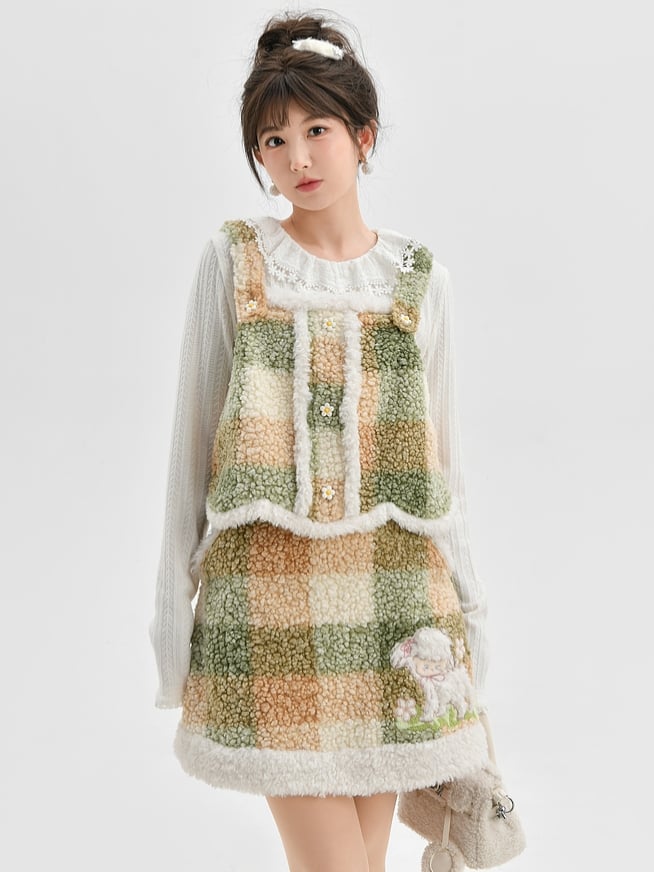 Gilet polaire à carreaux avec détails floraux verts et boutons