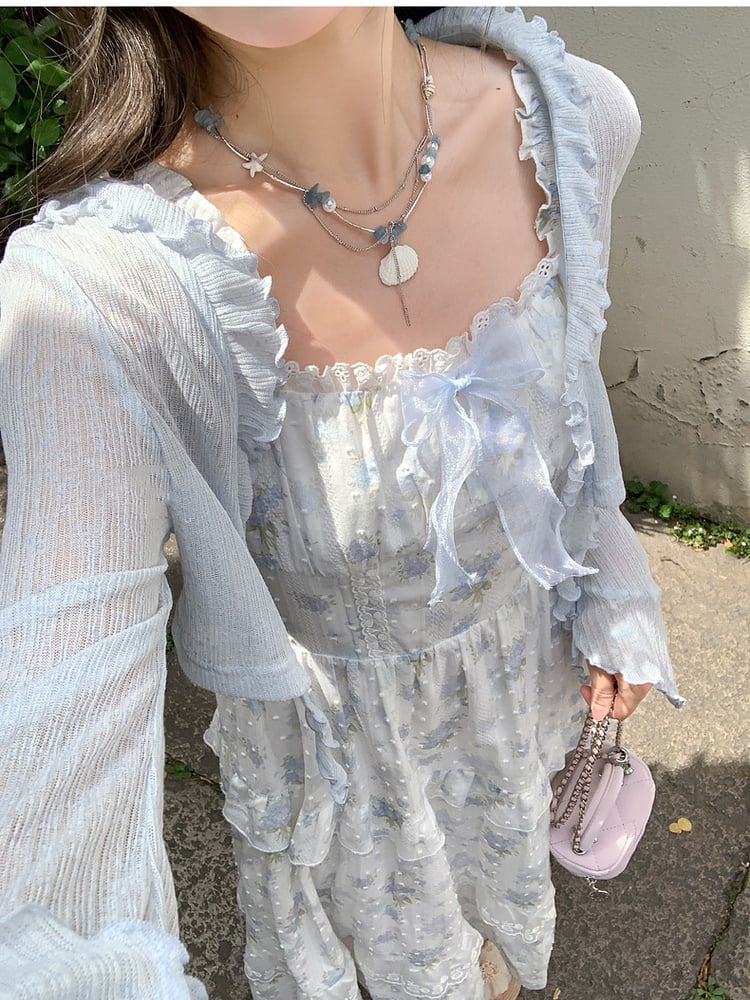 トリムライトブルーの蝶結びカフスのディテールオープンプラケットシフォンカーディガンフリル