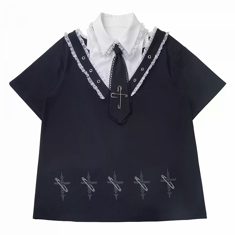 Collar Pin Cross Print T-Shirt Tie Free with Black Shirt