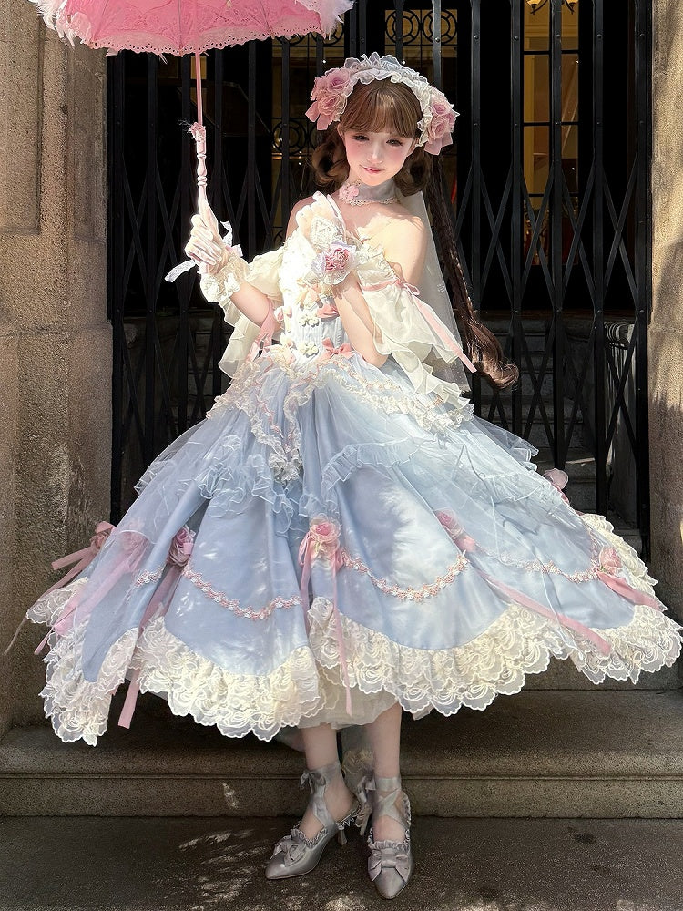 Ensemble complet Hanayome Lolita OP / taille basque bleue avec nœuds floraux