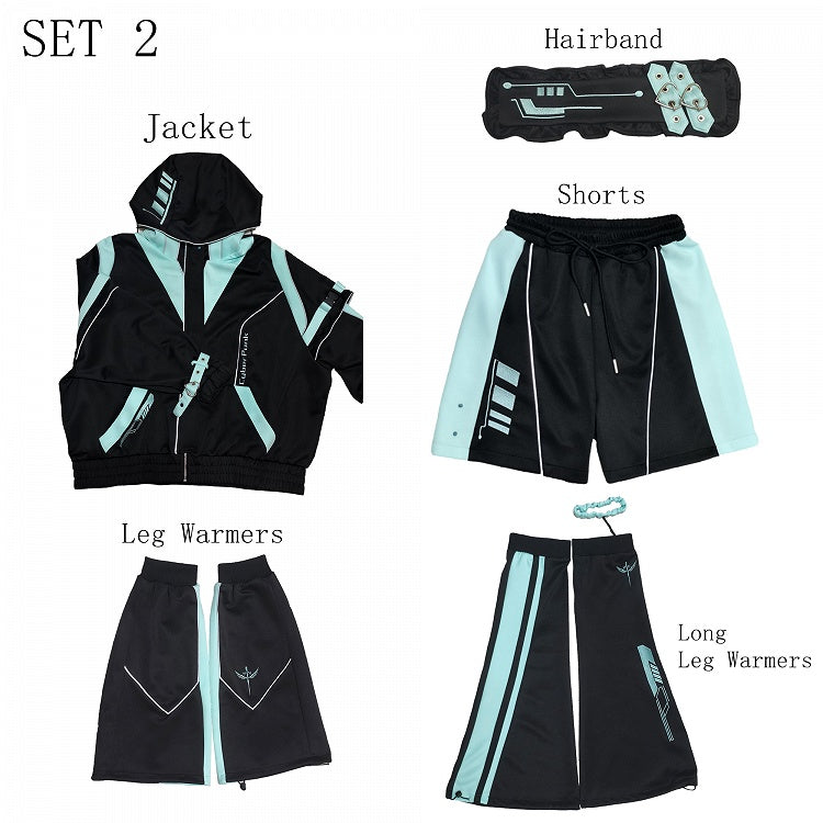 Schwarzes und grünes Cyberpunk-Jirai-Kei-Outfit – Kapuzenjacke, Shorts, Beinwärmer, Kopfbedeckung, komplettes Set