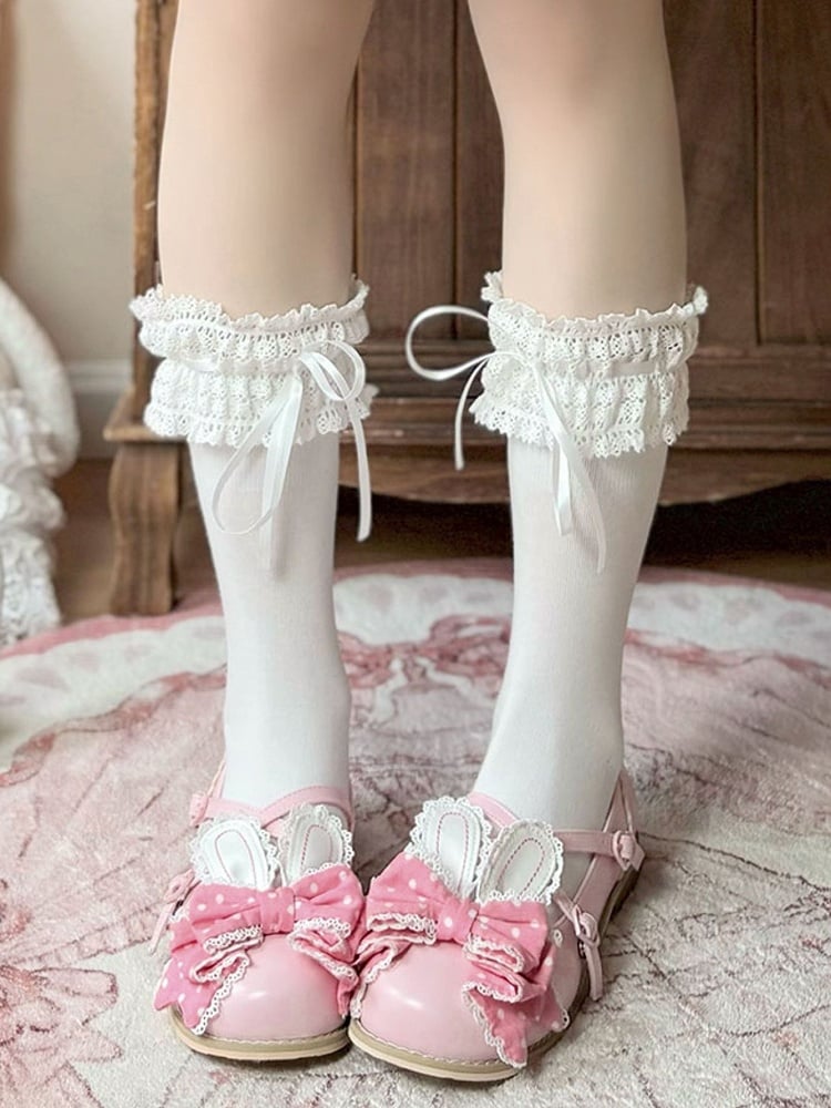 Muster Bunny Polka-dot Lolita an Ohr Schuhe Crisscross Bow Pink Top Design