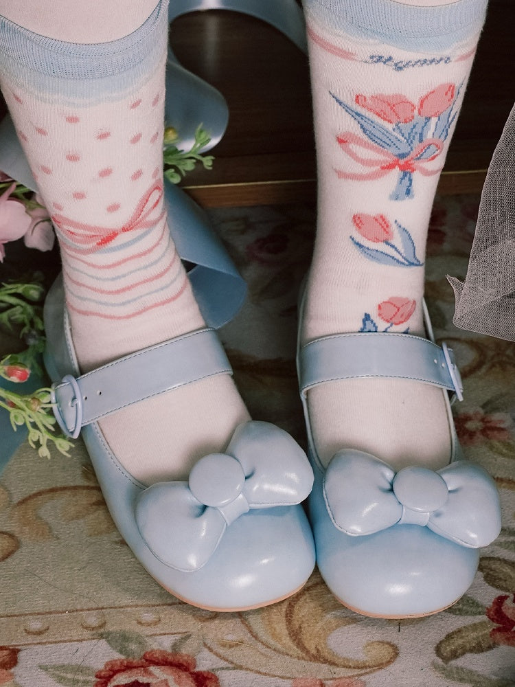 Toe Baby Heels Heart Round Shoes Bow - Lolita Buckle Low at Sweet Blue Top