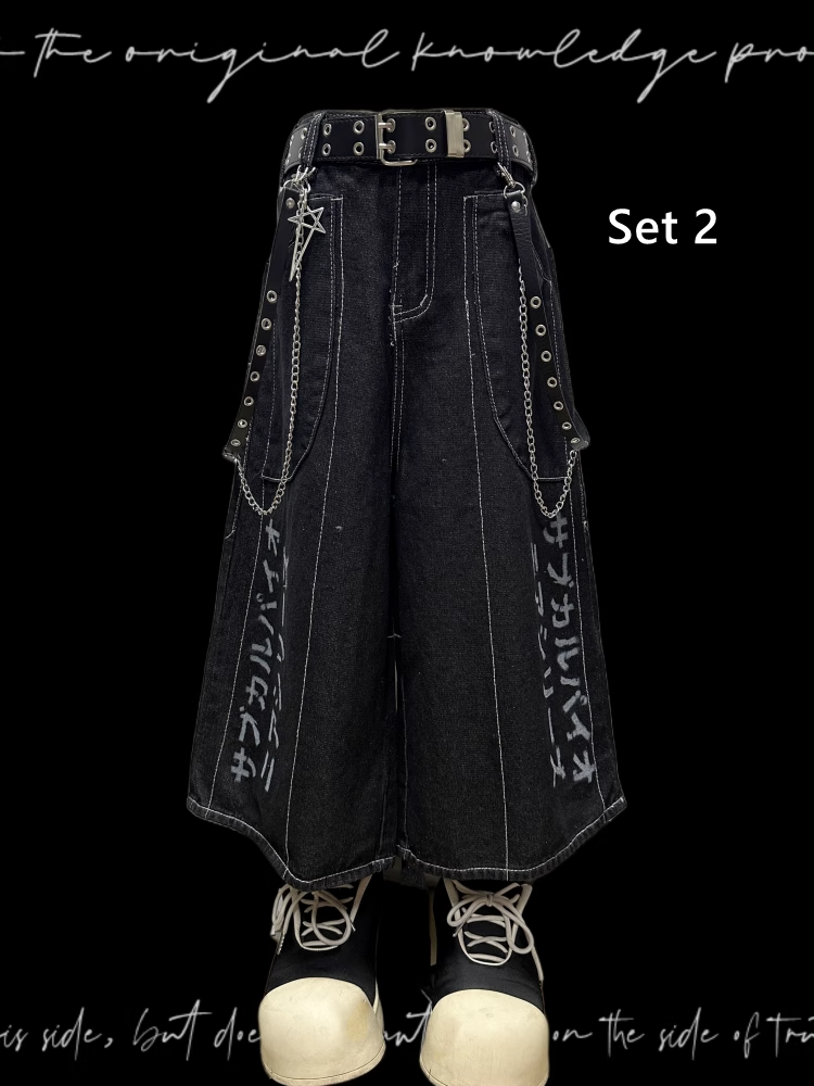 Denim Shorts Y2K Black Letter Print Wide-leg