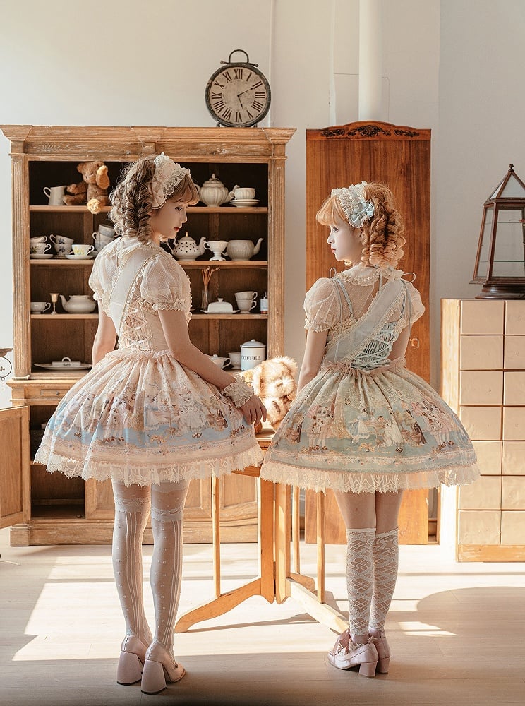 Lolita Süße Set Mieder Grün Print Minty Kitty Tee JSK Kleid Korsett Party Volle