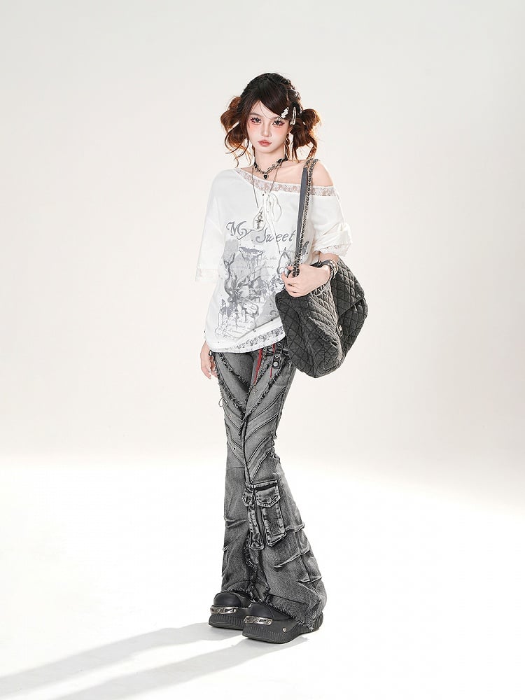 Loose Asymmetrical Neckline Lace Trim Butterfly Print Black/White T-shirt