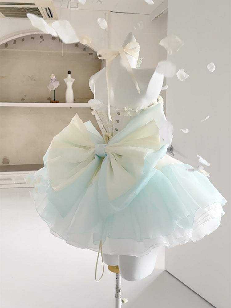 Green Bowknots Decoration Bodice Corset Top with and Puffy Skirt Yellow Set Balletcore